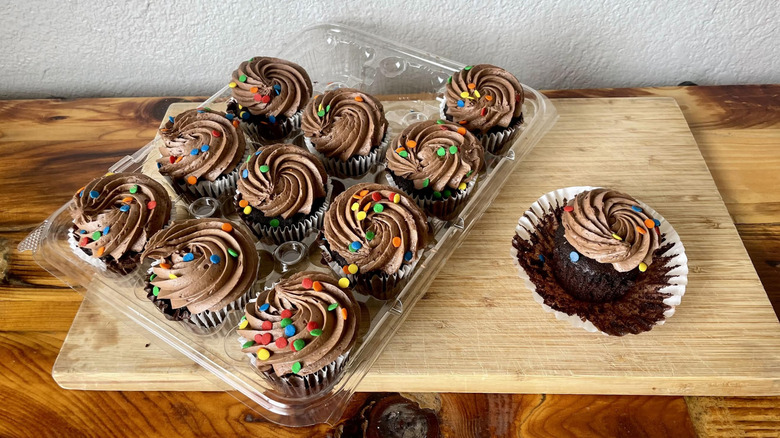 Package of Costco's Chocolate Cupcakes With Buttercream Icing on a cutting board