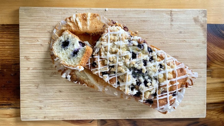 Overhead view of Costco's Lemon Blueberry Loaf on a cutting board