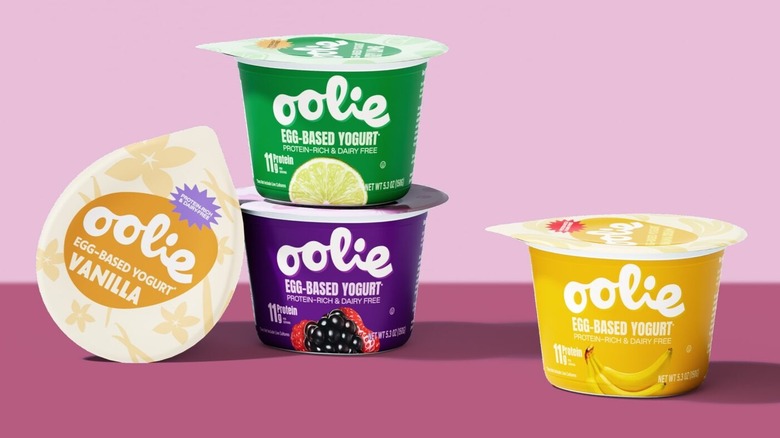 A display of a variety of Oolie egg-based yogurts