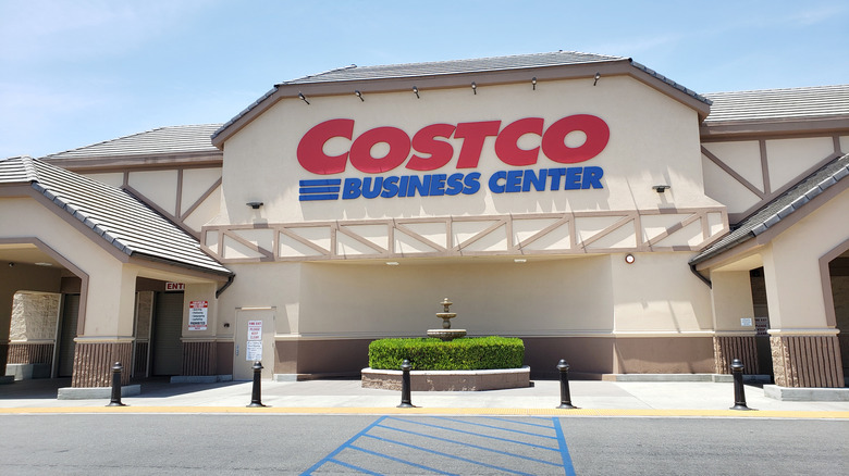 Streetview of a Costco Business Center storefront with fountain style topiary