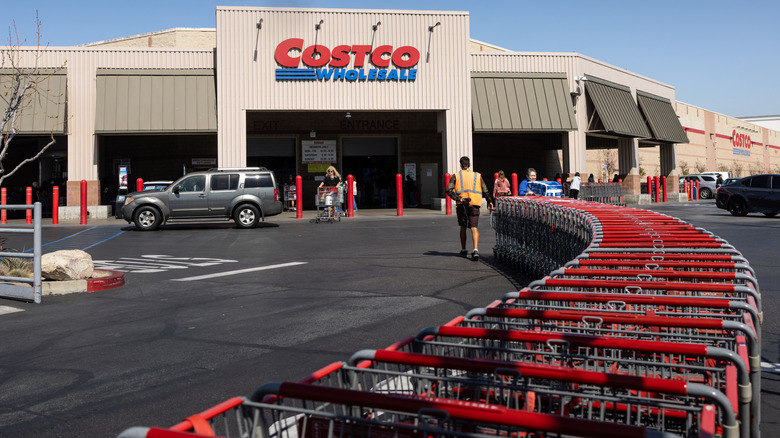 A long row of shopping carts attached to a cart tugger
