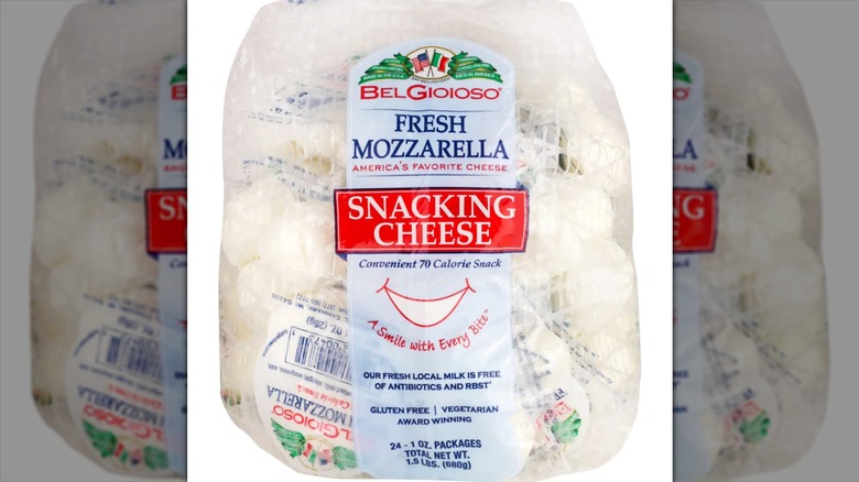 Packet of BelGioioso fresh mozzarella snacking cheese.
