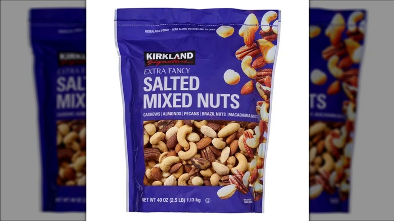 Packet of Kirkland salted mixed nuts.