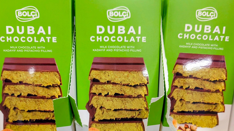 Bolci Dubai chocolate bars with pistachio and hazelnut filling on store shelf