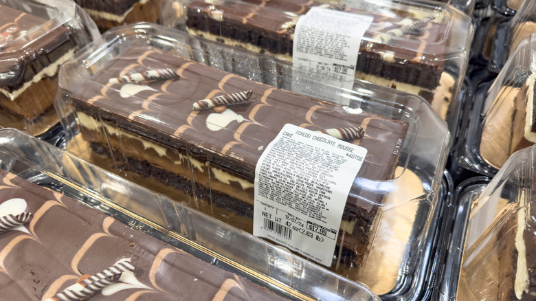 A view of several packages of Kirkland Signature tuxedo chocolate mousse cake, at Costco