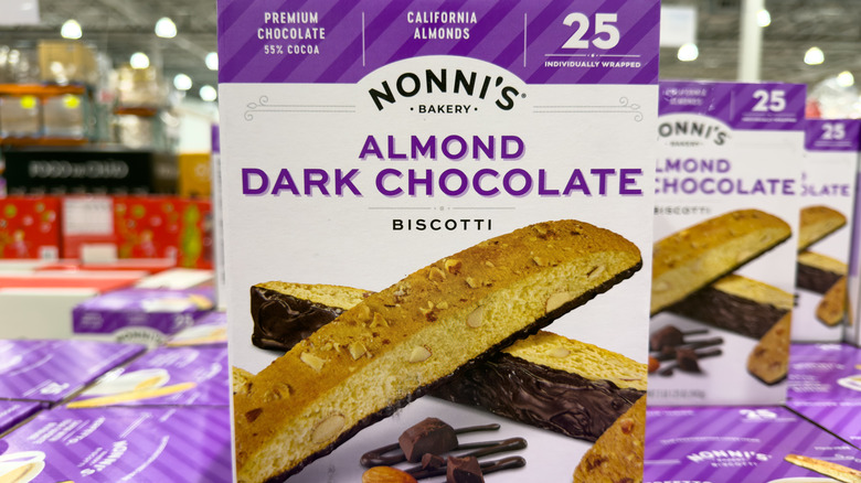 Nonni's almond dark chocolate biscotti display