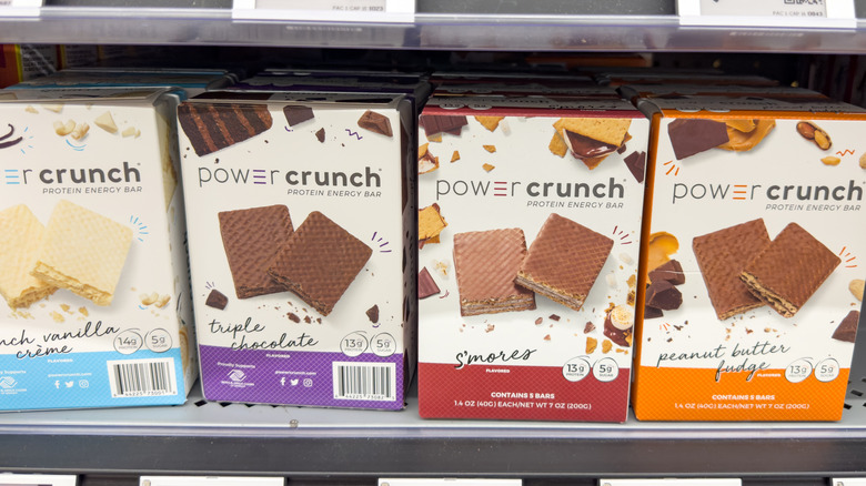 A view of several packages of Power Crunch energy bars, at the store
