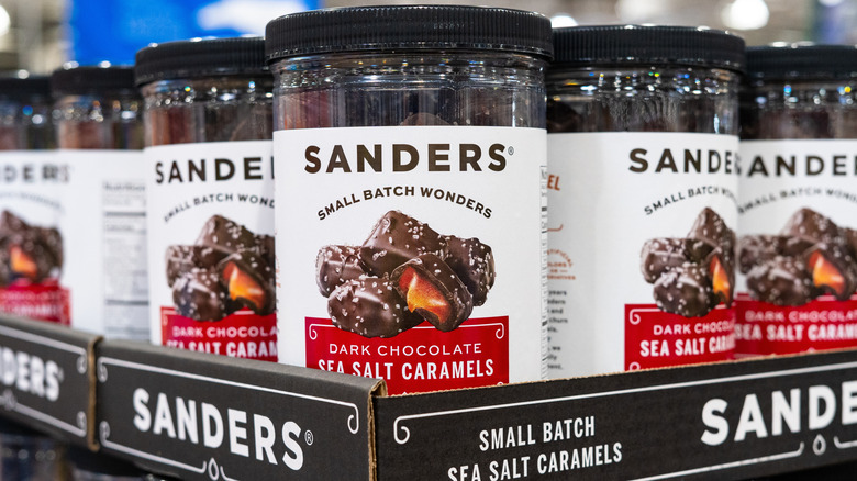 Sanders sea salted caramel chocolate candies displayed in bulk packaging at Costco Warehouse