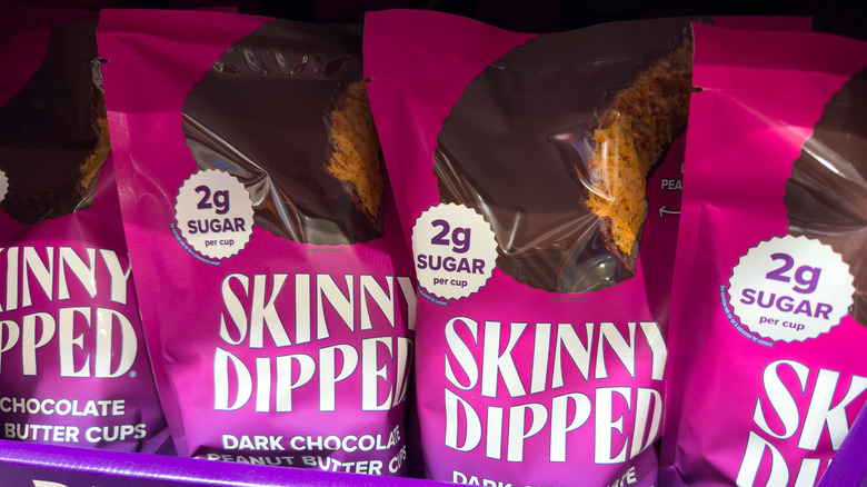 Skinny Dipped dark chocolate peanut butter cups on store display