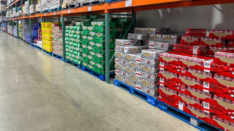 A sprawling soda aisle at a Costco location.