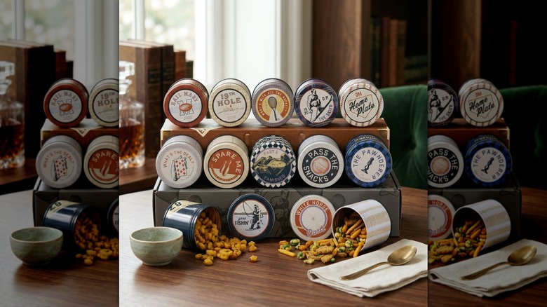 Damn Man Bar Cart Snacks tins on display with some open showing snacks spilling out