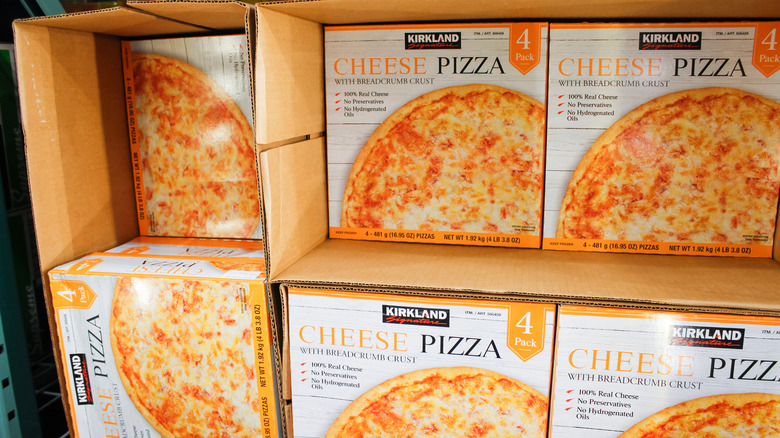 Display of Kirkland Signature cheese pizza