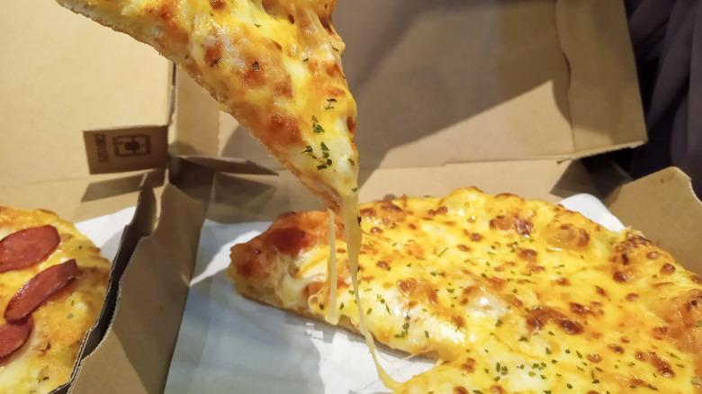 Closeup of a pizza in a box