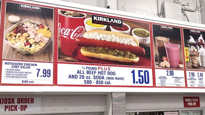 The Costco food court menu prominently displaying the hot dog combo at $1.50