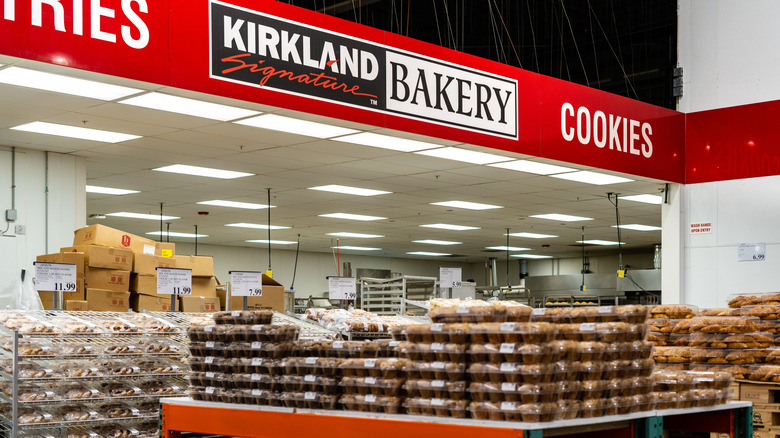 Costco's Kirkland Signature Bakery section, with shelves lined with different kinds of bread.