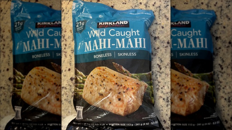 A package of Costco's Kirkland Signature Wild Caught Mahi Mahi on a granite counter