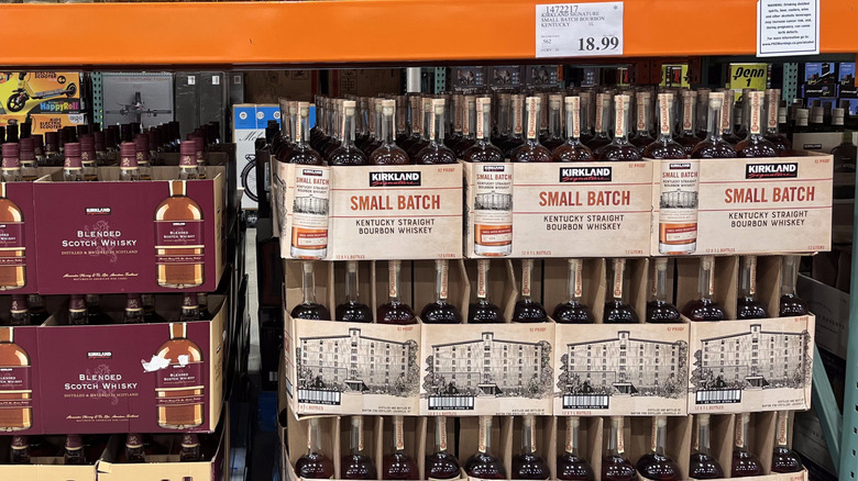 Cases of Kirkland Signature Small Batch Bourbon at a Costco warehouse