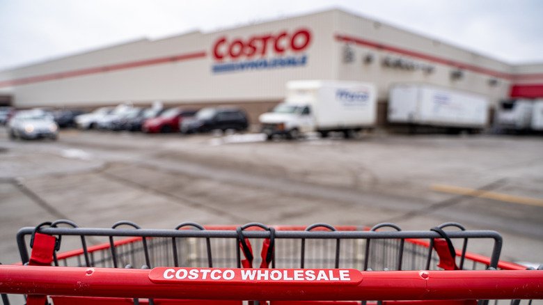 Close up of shopping cart in front of Costco Wholesale building