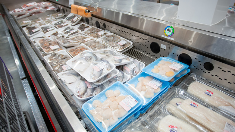 Raw seafood on display at a Costco retailer