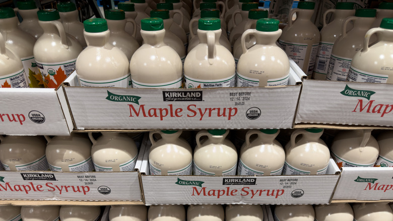 Bottles of Kirkland maple syrup
