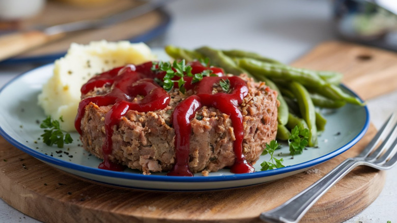 Meatloaf with potatoes and green beans on a plate with fork