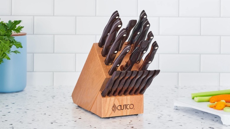 A set of Cutco knives on a counter