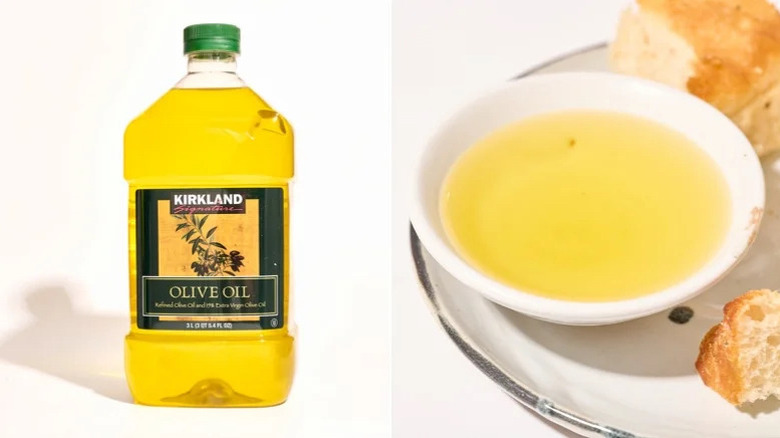 Kirkland Signature Olive Oil brand bottle and a serving dish with a side of bread