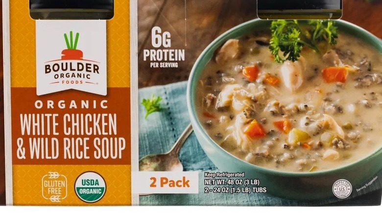 Outside packaging of Boulder Organic Chicken Wild Rice Soup sold at Costco