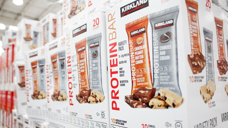 Boxes of Kirkland brand protein bars