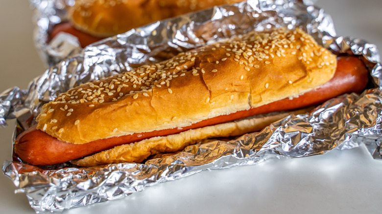 Photo of a Costco Hot Dog wrapped in Tin Foil