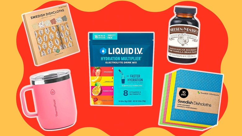 Graphic illustration with various Costco products on red and orange background.