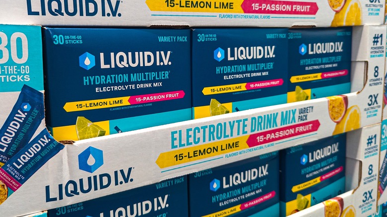 Cases of Liquid I.V. Hydration Multiplier in lemon-lime and passionfruit flavors at Costco.