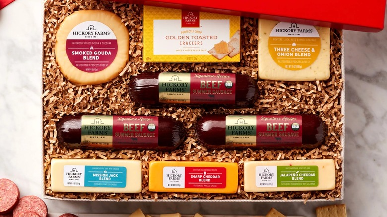 Hickory Farms Deluxe Gift Box with various meats and cheeses.