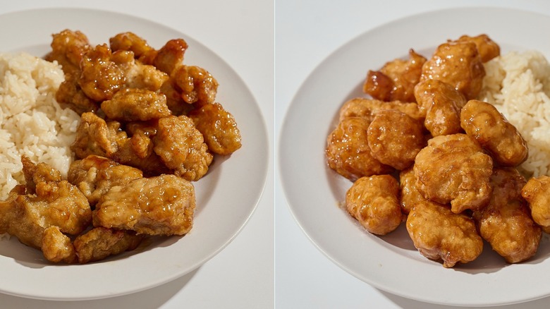 Two plates of orange chicken next to one another