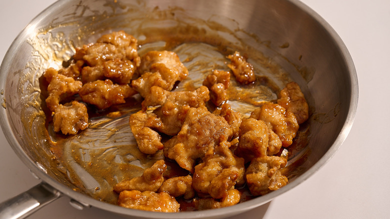Trader Joe's orange chicken in a skillet