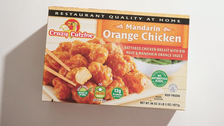 A box of Crazy Cuizine chicken on a white table