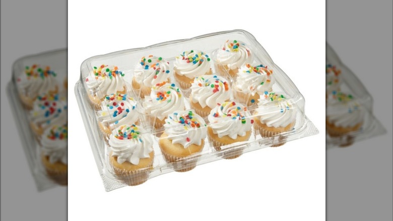 The Kirkland Signature White Cupcakes with White Buttercream from Costco on white background
