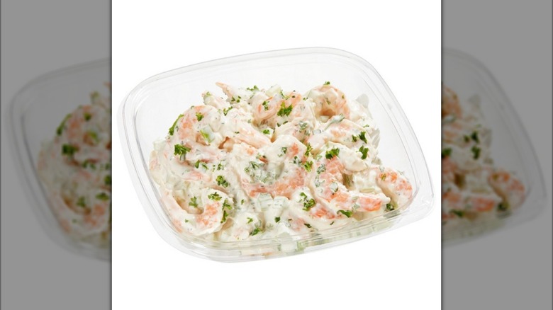 The Kirkland Signature Shrimp Salad from Costco on white background