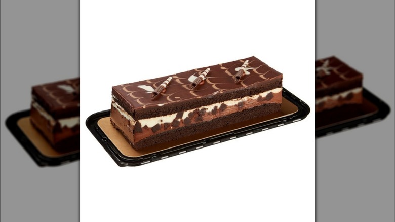 The Kirkland Signature Tuxedo Chocolate Mousse Cake from Costco on white background