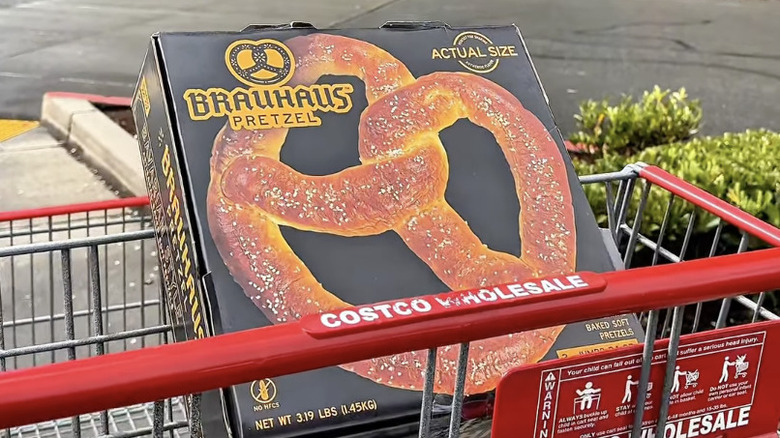 A box of Brauhaus Bavarian jumbo soft pretzels in a Costco shopping cart