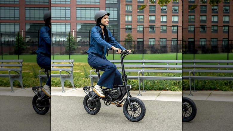 Person wearing a helmet and riding the Jetson Bolt Pro Max e-bike
