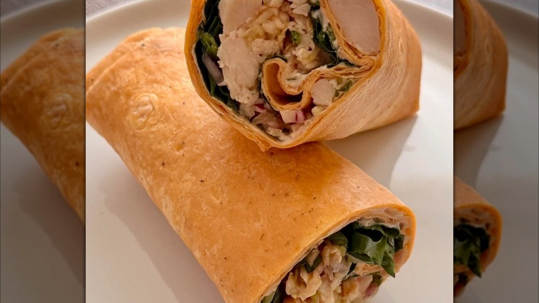 Two halves of the Kirkland Signature Thai Chili Wrap with Sweet Chili Sauce