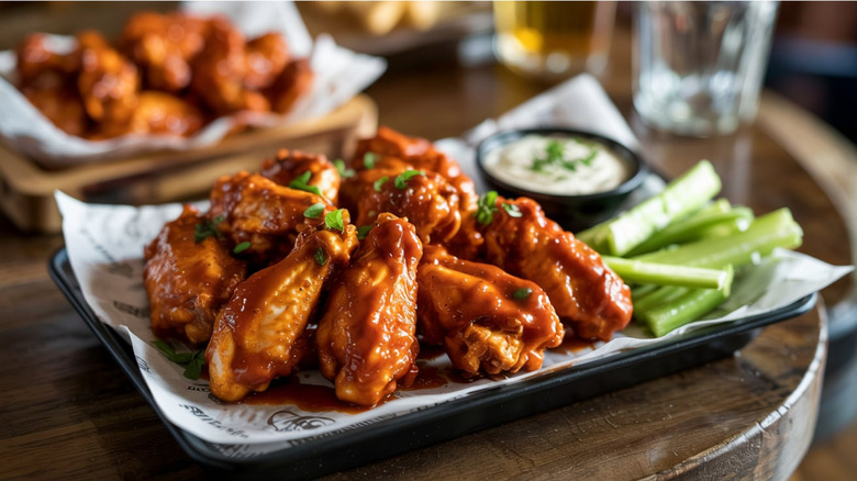 A tray of chicken wings with a side of celery sticks and ranch.