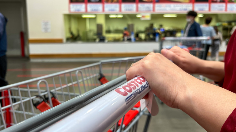Person pushing a Costco shopping cart with both hands