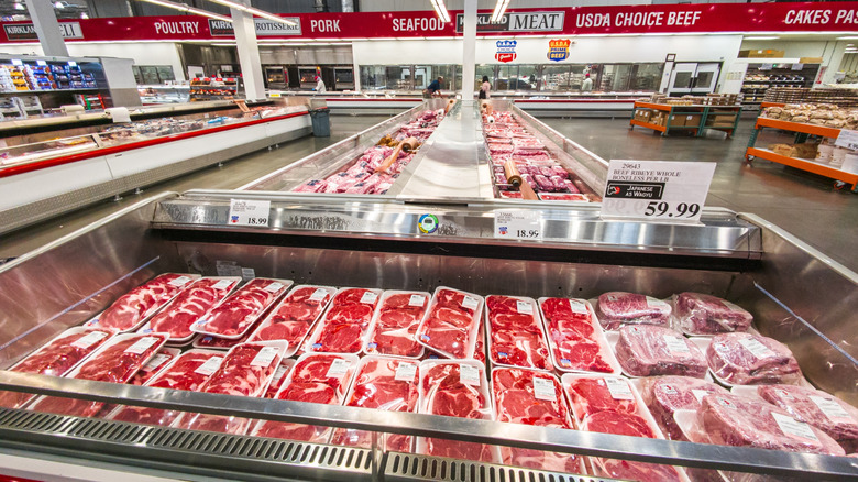 Refrigerated bin of meat for sale at Costco