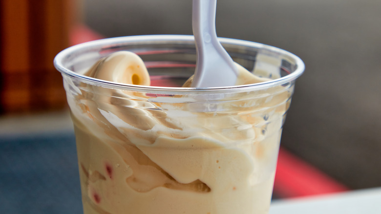 Close up of Costco soft serve in a cup with a spoon