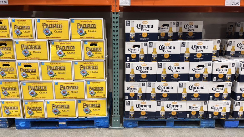 A pallet display of Pacifico Beer and another of Corona beer at a Costco.