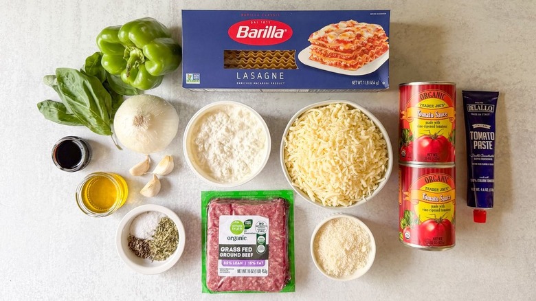 Cottage cheese lasagna ingredients on countertop