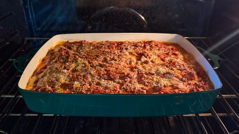 Cottage cheese lasagna baking in oven