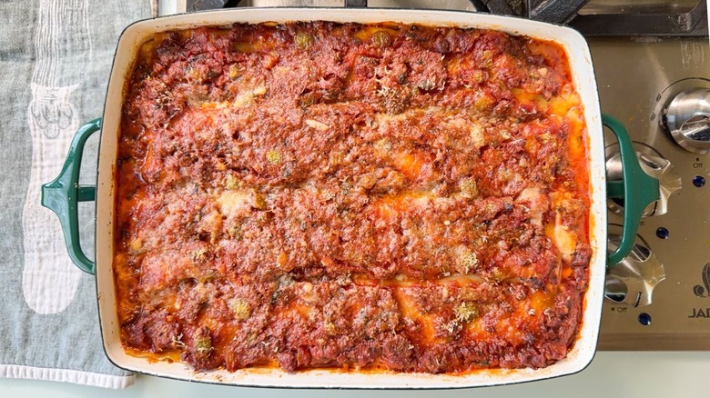 Baked cottage cheese lasagna on stovetop